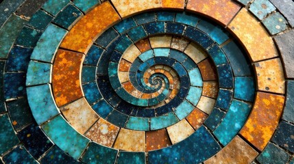 A mesmerizing spiral mosaic tile design featuring a captivating array of teal, orange, and beige hues
