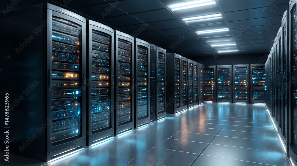 Poster data center server room hosting servers it infrastructure network technology cloud computing system