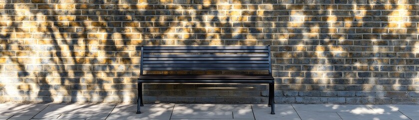 Simple park bench against a brick wall with dappled sunlight.