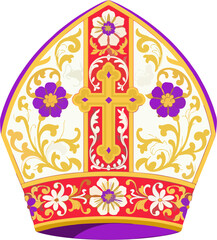 Colorful Flat Vector Illustration of a Papal Mitre with Floral Ornaments and Golden Cross – Catholic Bishop Hat Clipart Isolated