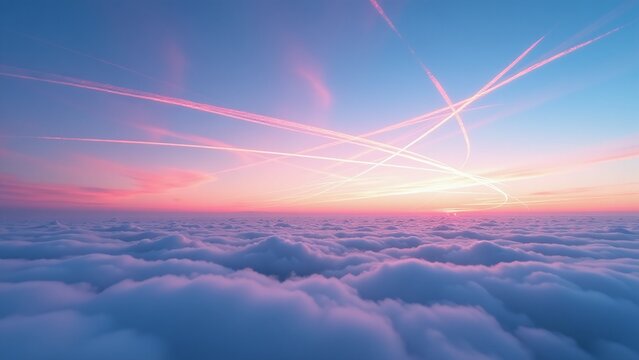 Jet streams in sky crisscrossing like a web, time-lapse effect reveals complex busy airspace, blue and pink sky gradient, symbolism of modern aviation flow