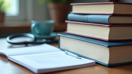 Naklejka premium Close-up of medical textbooks and study materials on a desk