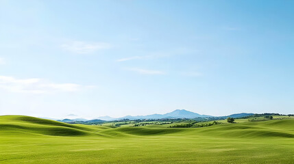 Fototapeta premium Expansive Green Meadow Landscape Under Blue Sky