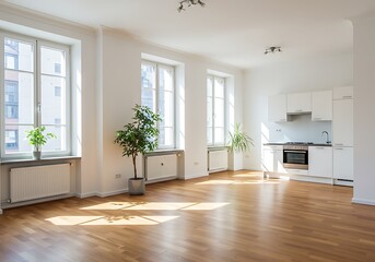 Fototapeta premium Bright apartment interior with wood floor, white walls, kitchen and plants