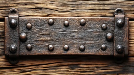 Metalwork Rivets on Wood: Detailed capture of an antique metal plate riveted onto textured wooden planks, revealing the beauty of rustic craftsmanship and age-old artistry.