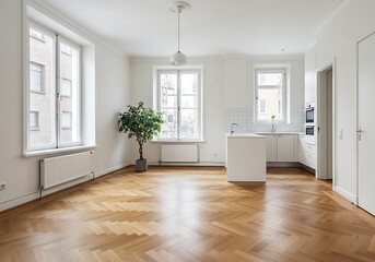 Bright apartment interior with hardwood floor, white walls, kitchen and plant in pot