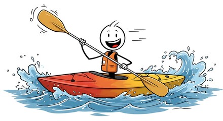Cartoon stick figure kayaking with a big smile on a vibrant kayak adventure