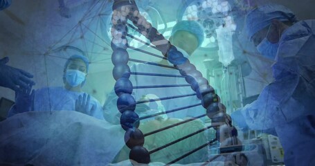 Medical team performing surgery under surgical lights, showing 3D DNA helix overlay and IV drip - Powered by Adobe