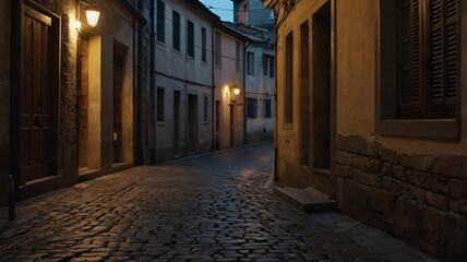 Naklejka premium Enchanting cobblestone street evening ambiance old town charm magical twilight glow