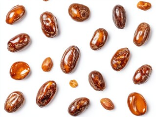 Overhead flat lay of shiny Medjool dates on white background showing healthy snack food pattern and ingredient