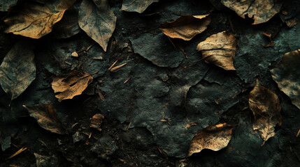 Obraz premium Decaying leaves atop a dark stone surface