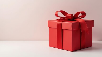 Fototapeta premium A scarlet gift box with a vibrant red ribbon, a symbol of celebration and thoughtful presentation, rests on a pristine white surface against a soft pink backdrop.