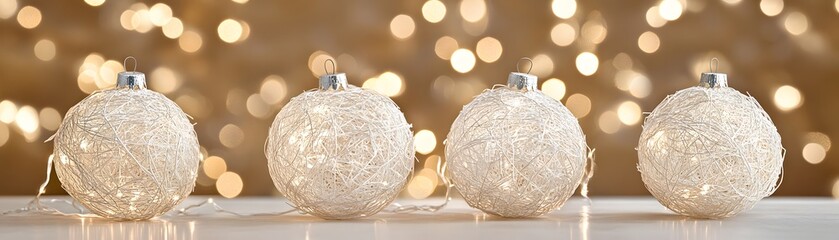 Four decorative, illuminated Christmas balls against a blurred background.