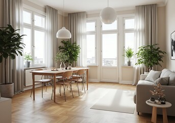 Fototapeta premium Bright living and dining area with plants, wooden table and chairs near large windows