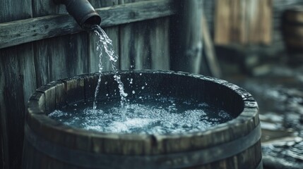 Fototapeta premium Water pouring into wooden barrel