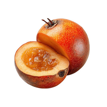 A cut tejocote fruit showing its pulp isolated on a transparent background in a studio shot