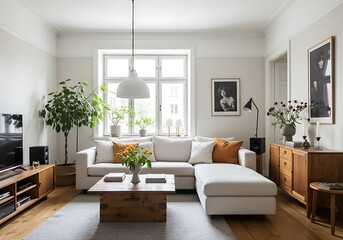 Fototapeta premium Bright living room with white sofa, wooden furniture, and plants
