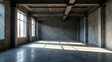 Sunlit Empty Industrial Space Expansive Concrete Room with Large Windows and Exposed Beams
