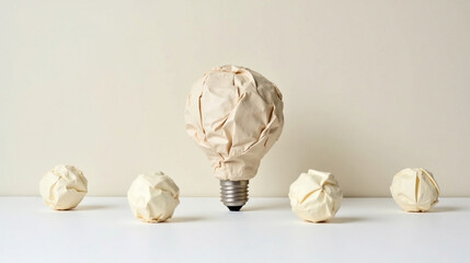 Naklejka premium A crumpled paper ball shaped like a lightbulb screwed into a bulb base on white background 