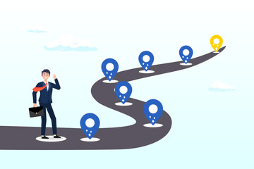 Businessman look at achievement milestone to success, success roadmap journey, milestone or career path achievement, route or pathway to achieve goals, accomplishment, assessment or way to success