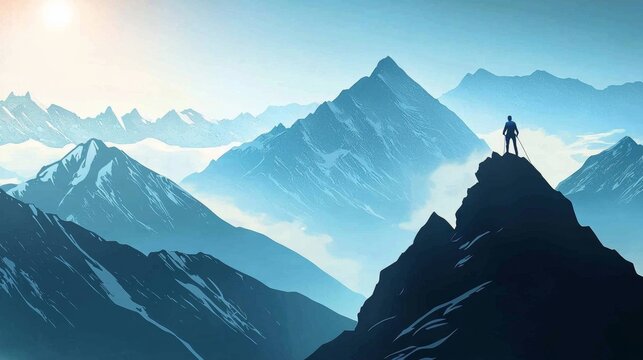 Inspirational illustration of a climber conquering a mountain.
