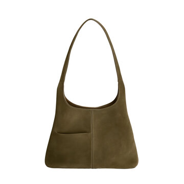 A stylish olive green suede handbag with a single strap. The handbag has a front pocket for extra storage. The handbag is perfect for casual wear.