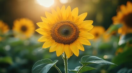 Fototapeta premium Vibrant sunflower in a field, bathed in golden sunlight