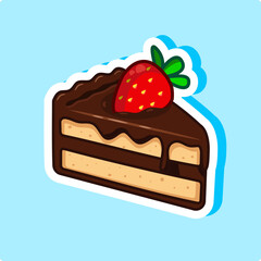 Sticker of Slice chocolate cake with strawberry Vector Illustration Cartoon Design