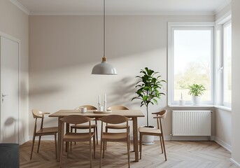 Dining room with wooden table, chairs, and plants in a bright interior setting