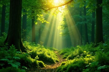 Fototapeta premium Sunlit Path Through a Lush, Verdant Forest, with Beams of Light Illuminating the Mossy Undergrowth and Majestic Trees