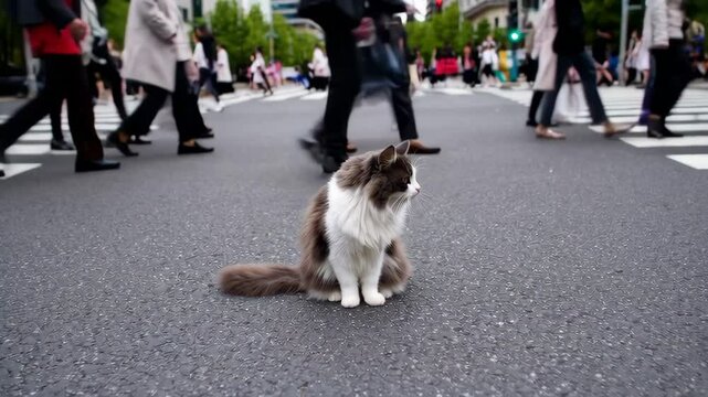 Calm cat sitting on crosswalk while people are walking