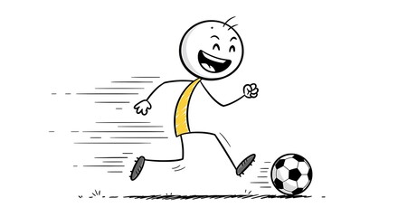 Dynamic Stick Figure Footballer Dribbling with Energy and Joyful Expression
