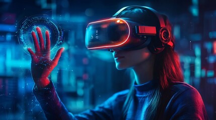 Ai powered virtual reality headset, a gamer controlling a digital simulation with advanced hand tracking technology, sci fi background – high-quality AI image