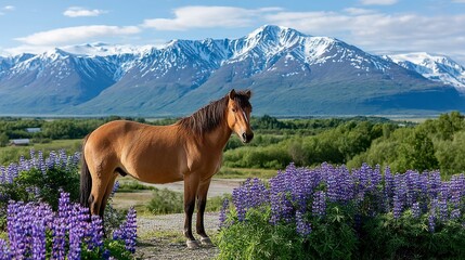 Horse in a mountainous field of lupines