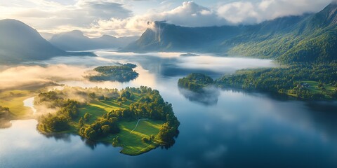 Misty lake with green islands