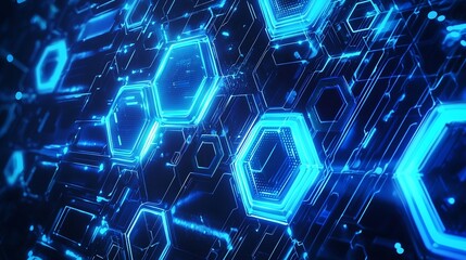 An abstract art tech background featuring a geometric fusion of bright blue neon hexagons, futuristic science inspired shapes, and a high tech digital texture – high-quality AI image