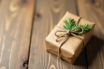 A Simple Gift Wrapped in Brown Paper and Tied with Twine, Adorned with a Sprig of Greenery, Resting on a Rustic Wooden Surface