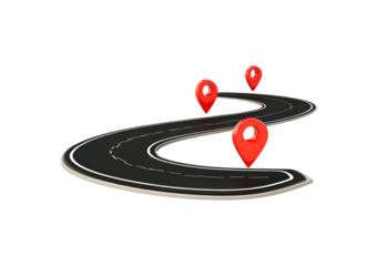 Winding road with multiple red location markers isolated on transparent background