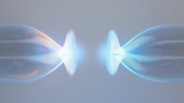 Elegant scientific schematic of the double-slit experiment, showing coherent light passing through two narrow slits and forming an interference pattern in soft grey and blue tones. Clean physics desig