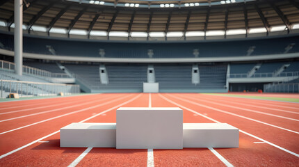 Winners podium in an empty stadium celebrating victory after the race