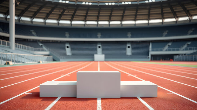Winners podium in an empty stadium celebrating victory after the race