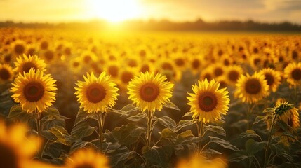 Obraz premium Golden Hour Sunflowers: A Serene Sunset Field