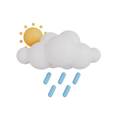 Sun on cloud icon with rainy weather and storm, spring blue sky, fluffy cumulus shapes