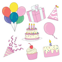 A cute collection of pink birthday elements with cake, balloons, party hats, and gifts. Great for birthday designs, greeting cards, and invitations with a sweet and festive look