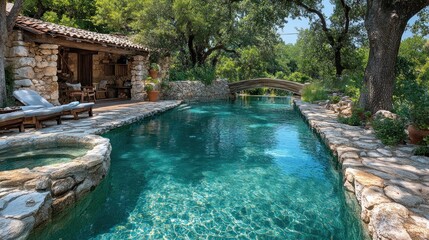 Serene Poolside Oasis: Luxury Villa with Infinity Pool, Stonework, and Tranquil Landscaping