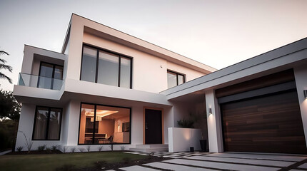 Modern white house with dark wood garage door and minimalist design style