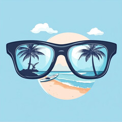 Stylish sunglasses reflecting a beach scene with palm trees and surfboards