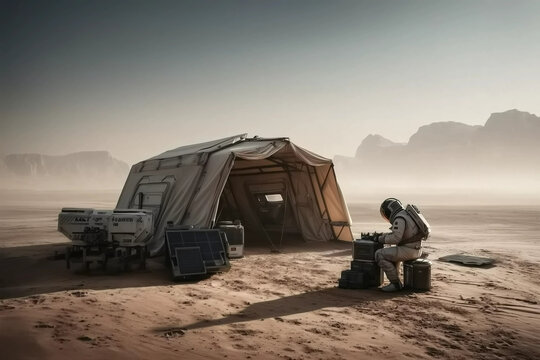 Astronaut sitting outside a tent on Mars, working on equipment with solar panels and a rover in the background on a dusty Martian landscape. - Powered by Adobe