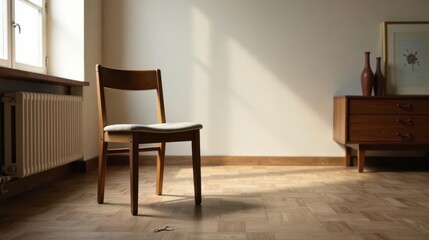 A solitary wooden chair with light upholstery sits in a sunlit room, near a wooden dresser and a radiator, hardwood floors reflecting the warm light.