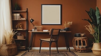 Creative composition of workplace interior with mock up poster frame, wooden desk, rattan chair, black rack, patterned rug, plant, brown wall, books and personal accessories.